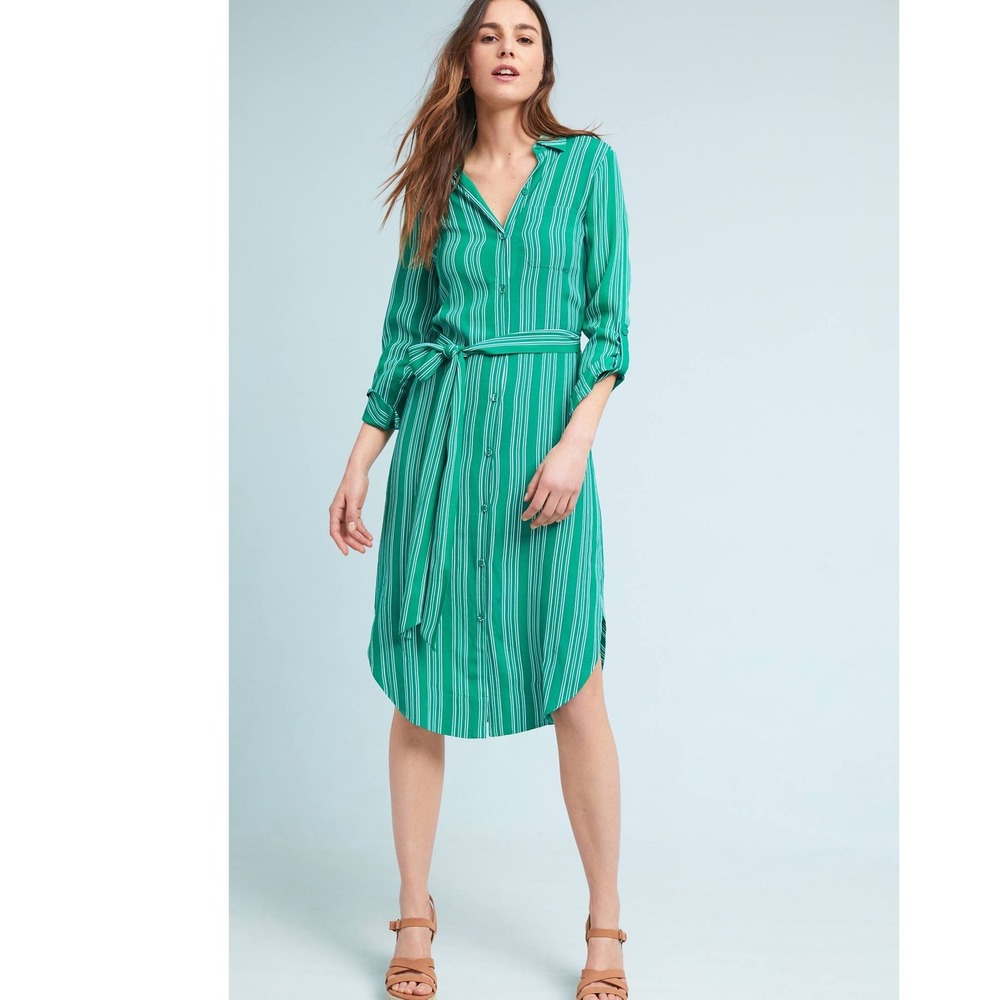 Maeve‎ Anthropologie Green White Striped Belted Shirt Dress Button Up Light